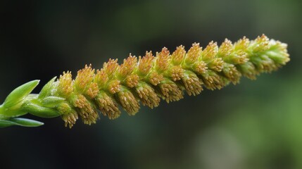 Fototapeta premium Vriesea glutinosa flower stem in a lush garden setting showcasing intricate green and orange floral details