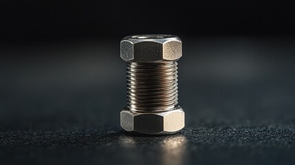 Stainless steel DIN 7985 bolt macro shot showcasing detailed threading and hexagonal design on a dark textured surface