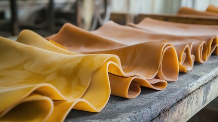 Para rubber dry sheets processed by smoking and drying under sunlight displayed on a wooden surface in a production facility.