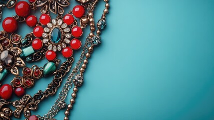 Naklejka premium Trendy vintage jewelry collection featuring vibrant necklaces and accessories on a blue background showcasing fashion elegance.