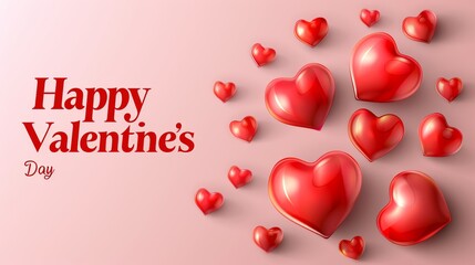 Bold red  happy valentine s day  text with floating hearts on a soft pink background