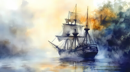 Fototapeta premium Abandoned pirate ship, haunted by spirits, eerie fog, watercolor style. Etherea. Illustration