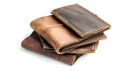 Vintage leather wallets stacked on a white background showcasing unique textures and colors for an antique or retro aesthetic.