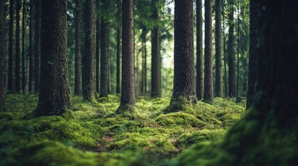 Fototapeta premium Moss covered tree trunks in lush summer forest with dense greenery and natural light filtering through foliage