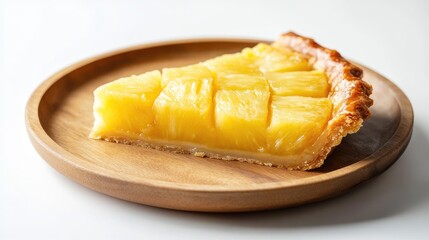 Delicious pineapple pie slice served on a rustic wooden plate against a clean white background