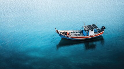 Fototapeta premium Serene fishing boat gently floating on calm turquoise waters under clear skies