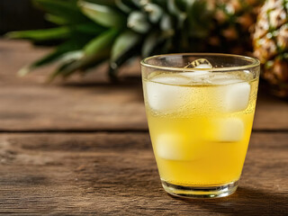 Glass of tasty fresh pineapple juice on table