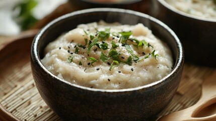 Okinawa Taroimo Ringaku Traditional Japanese Mash Garnished with Herbs and Sesame Seeds in Rustic Bowl