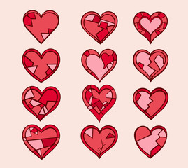 Colorful geometric red hearts icon set. Creative cracked hearts shapes for Valentine's Day design, stickers.