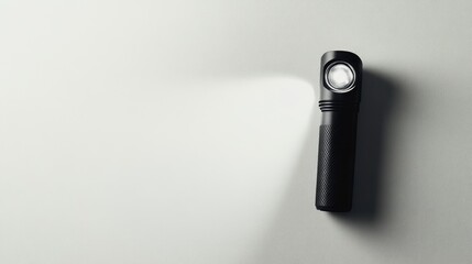 Modern black metal flashlight with beam light isolated on clean white background for product display and promotional use