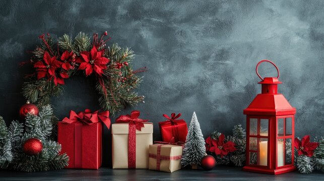 Festive Scandinavian Christmas composition with gift boxes red lantern wreath and small trees on dark table against gray wall background