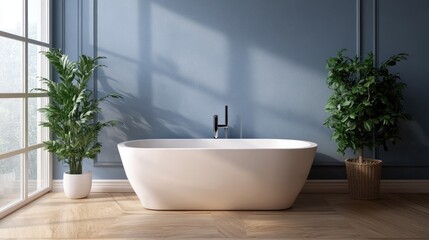 Fototapeta premium Elegant modern bathroom design featuring a freestanding tub, wood flooring, and stylish plants in a serene setting.