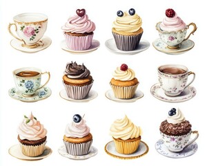 Cupcakes, cakes, and teacups set in a watercolor style isolated on a white background
