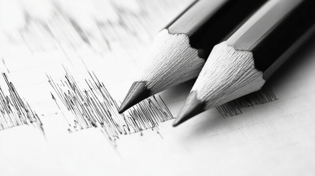 Pencil close-up on paper with candlestick chart illustrating financial analysis and market trends in black and white tones - Powered by Adobe