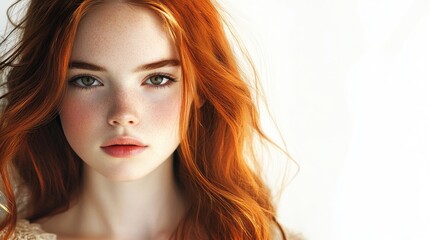Fototapeta premium Beautiful young woman with flowing red hair and natural makeup posing gracefully against a soft white background in a portrait setting