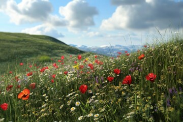 Colorful wildflowers bloom in a sunny meadow with hills and clouds in the background © YouraPechkin