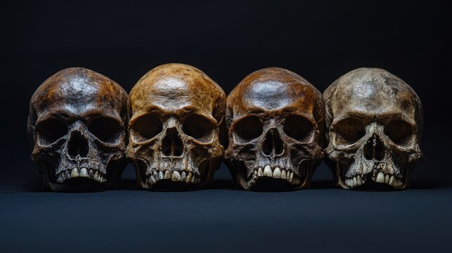 Four human skulls in a row depicting the stages of human evolution and the transition to anatomically modern humans against a dark background