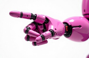 Close-up pink robot human-like hand pointing index finger. Technology, personalized advertising, progress and future