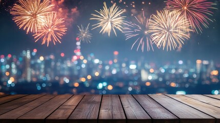 Festive fireworks display over a city skyline at night with empty wooden table top for product promotion and holiday advertising collage