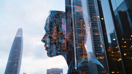 Double exposure of artificial intelligence profile over San Francisco skyline showcasing neural networks and machine learning innovation concept