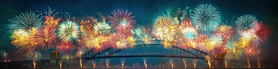 Vibrant fireworks display over bridge during celebration