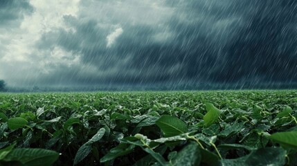 Dark storm clouds over lush soybean fields with heavy rain in a rural landscape showcasing the impact of weather on agriculture.