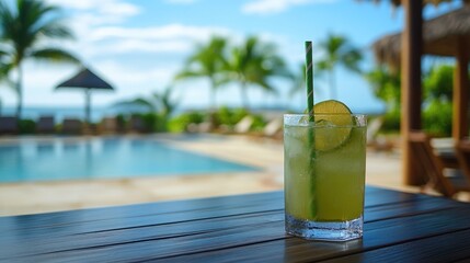 Refreshing Mojito cocktail on wooden table with eco straw by swimming pool in luxurious hotel setting under clear blue sky.