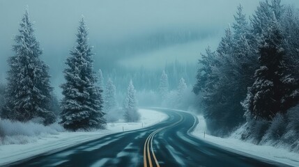 Foggy winter highway winding through snow-covered trees at dawn with muted colors and serene atmosphere