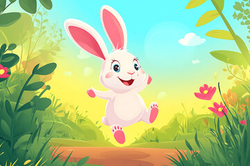 Fototapeta premium A cheerful cartoon rabbit hops through a vibrant forest filled with flowers and greenery.