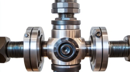 Closeup of a modern industrial control valve showcasing metallic components on a white background for engineering and industrial use.