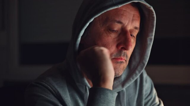 Portrait of aimless unmotivated mature adult male rethinking, 4K