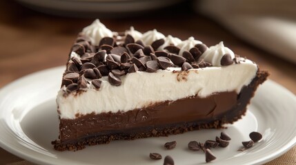 Decadent chocolate mud pie topped with whipped cream and chocolate chips on a white plate, perfect for dessert lovers.