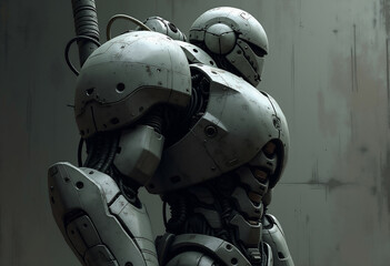 A weathered, grey robotic figure stands against a grunge backdrop, showcasing intricate mechanical details.