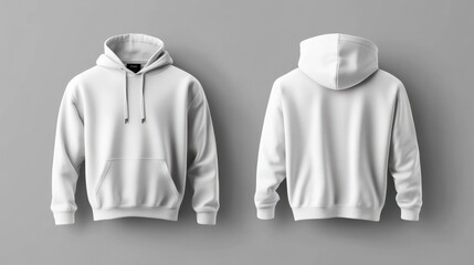 Blank sweatshirt mock-up template featuring front and back views, isolated on a grey background. Includes plain white hoodie mockup for design presentation. Suitable for print on jumpers and sweaters