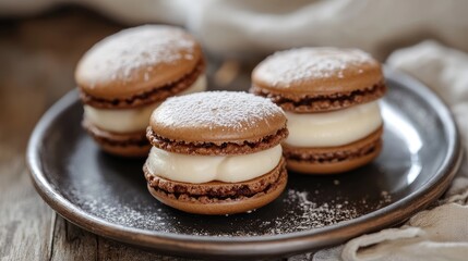 Delicious creamy chocolate macaroons served on a rustic plate with powdered sugar topping for a delightful dessert presentation.