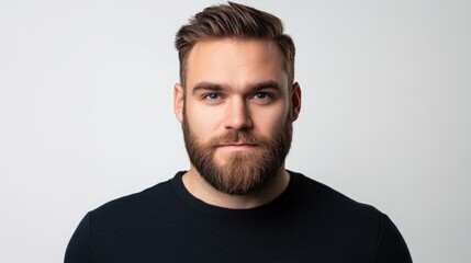 Obraz premium Handsome bearded man in black shirt posing confidently on white background for portrait photography session