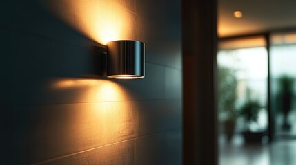 Modern wall lamp casting soft light in stylish contemporary interior with blurred background and green plants.