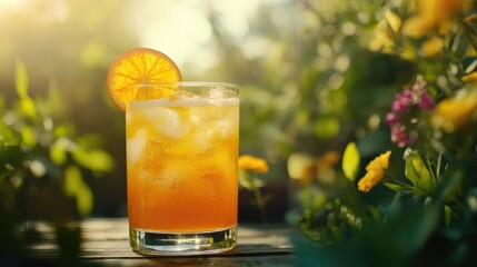 Refreshing orange aperol cocktail served on a summer terrace surrounded by vibrant garden plants in warm sunlight
