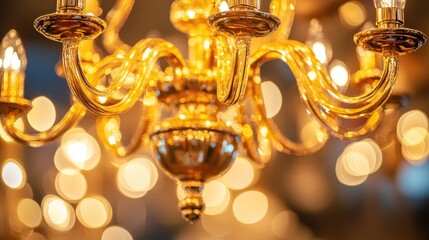 Elegant golden chandelier with warm bokeh lights creating a festive and luxurious ambiance perfect for holiday or celebration-themed designs.