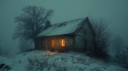 Winter serenity: old abandoned farmhouse with snow and glow in evening mist for rustic decor