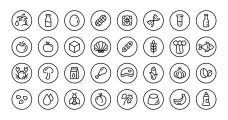Round food ingredients icon. Vector set of 32 icons. Collection includes gluten, fish, egg, sugar, sesame, celery, soya, milk, soybean, nuts, mustard, palm oil.