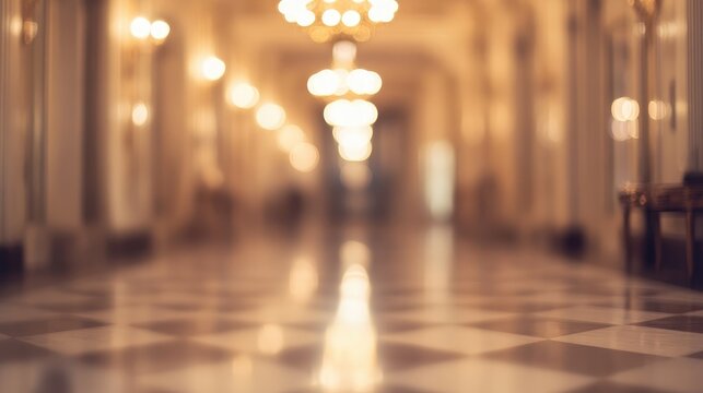 elegant luxury hotel corridor with soft lighting and blurred background creating a serene atmosphere for relaxation and sophistication