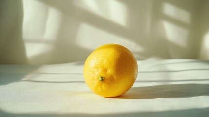 Freshly harvested lemon on a soft white surface with natural light creating shadows for a vibrant and refreshing aesthetic.