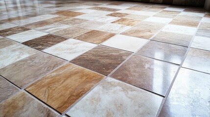 Applying adhesive for ceramic tiles on a newly installed patterned floor with natural stone aesthetics in a bright indoor setting