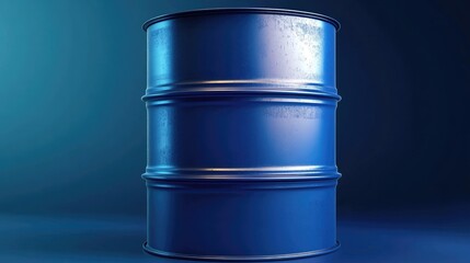 Obraz premium Large blue metal industrial barrel for storing liquids like gasoline and diesel fuel in a dark background setting