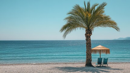 Obraz premium Secluded beach scene featuring a palm tree, lounge chairs, and a straw umbrella with turquoise sea in the background on a sunny day
