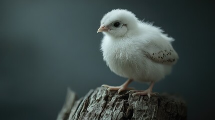 White quail chick perched on rough wood with a blurred dark background highlighting its soft feathers and delicate features