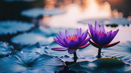 Vibrant purple lotus flowers blooming on tranquil water surface with soft reflections and serene natural backdrop