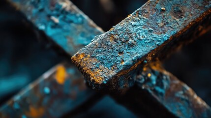 Close-up of rusty iron pieces welded together showcasing texture and color variations in industrial craftsmanship