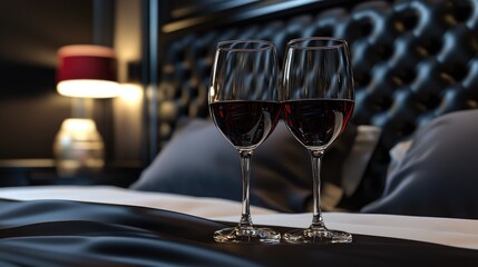 Elegant luxury bedroom with two empty red wine glasses on dark bedding and a stylish nightstand lamp in the background.